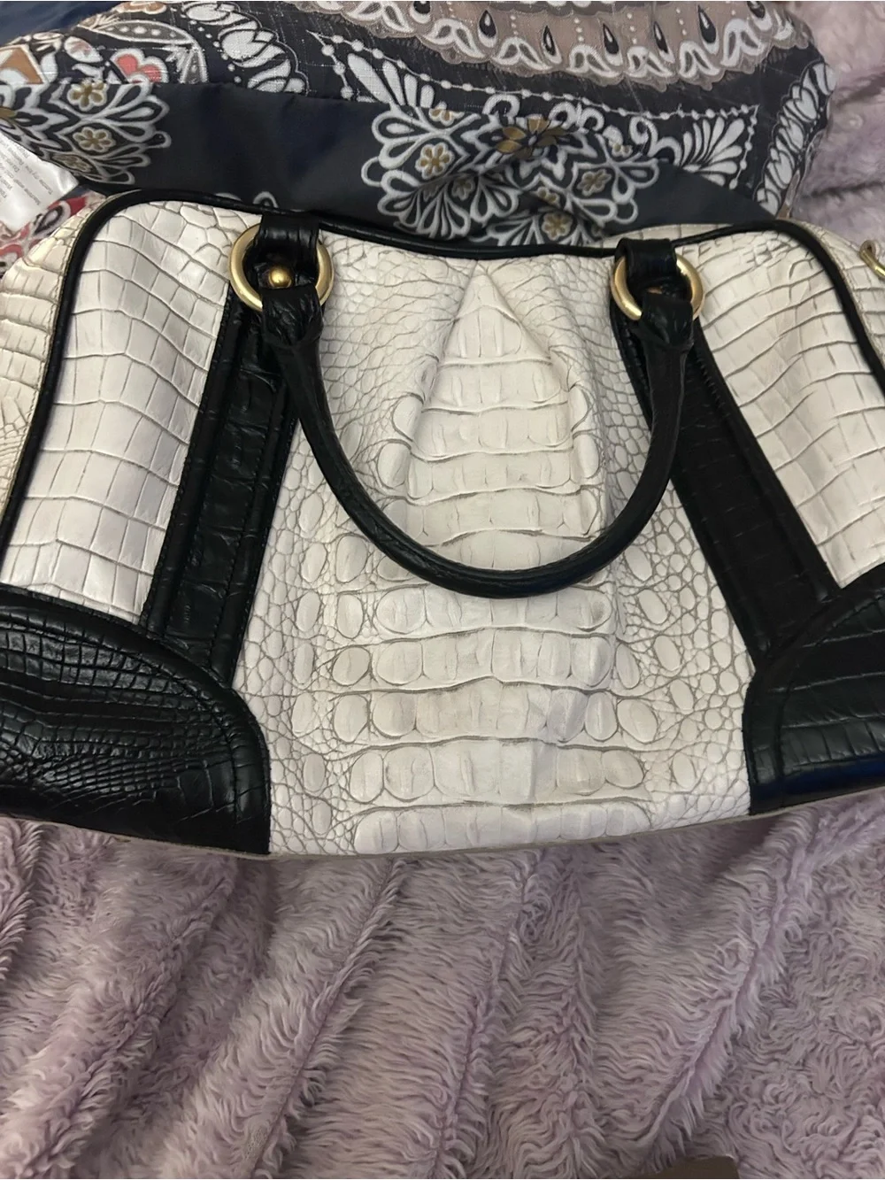 Brahmin White Croc-Embossed Satchel with Black Trim